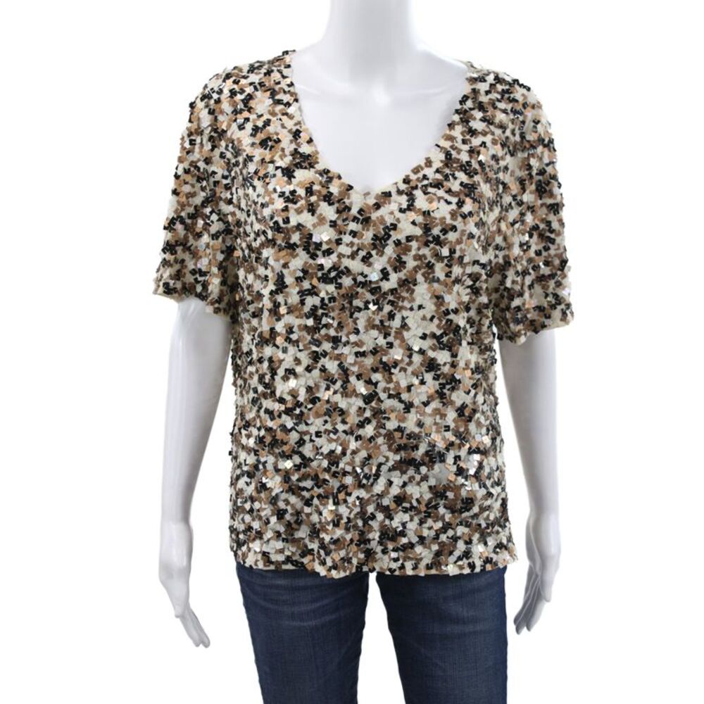 Vera Mont Womens Basic Beige V Neck Geometric Sequin Polyester Blouse Size 48